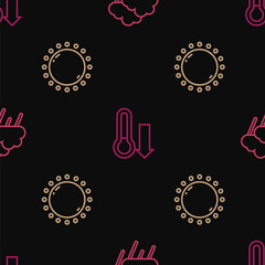 Set line Cloud with rain, Sun and Meteorology thermometer on seamless pattern. Vector