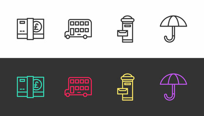 Set line Pound sterling money, Double decker bus, London mail box and Umbrella on black and white. Vector