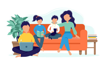 Parents with children on the couch. A woman and a man with children and a cat spend time together. A happy family. Vector illustration in flat style