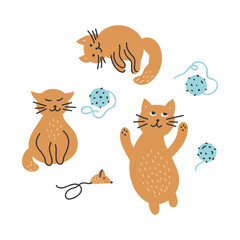 Set of cute playful cats. Hand-drawn flat illustration of cats and their toys - mouse and balls of thread. Cute doodle drawing.  Vector isolated on white background.