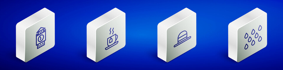 Set Isometric line Big Ben tower, Cup of tea with tea bag, Elegant women hat and Water drop icon. Vector