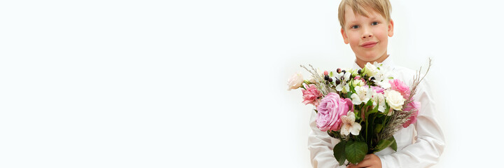 The first-grader with a bouquet on a white background