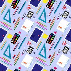 School pattern. Education background. Back to school  seamless pattern. School supplies, objects, compasses, colored crayons, erasers, scissors, paper clips, sharpeners, watercolor, notebook, ruler