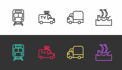Set line Train and railway, TV News car, Delivery cargo truck and Sailboat on black and white. Vector