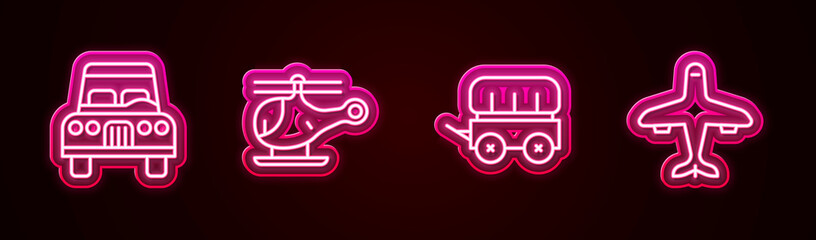 Set line Car, Helicopter, Wild west covered wagon and Plane. Glowing neon icon. Vector