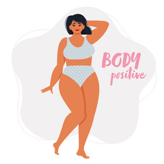 Attractive chubby girl, beautiful woman size plus. Body positive concept. Vector illustration in flat style