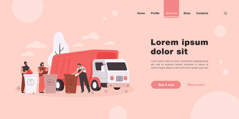 Garbage truck arriving to take disposal containers with waste and refuse. Men sorting rubbish and trash in bins and dumpsters. Vector illustration for recycle, environment concept