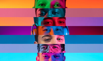 Collage of close-up male and female eyes isolated on colored neon backgorund. Multicolored stripes. Flyer with copy space for ad
