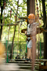 Rope park for children. A young boy in a flap climbs obstacles. Active sports recreation of the child.