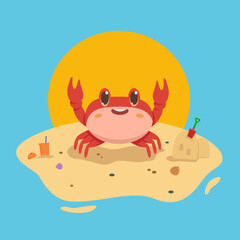 Crab on the beach. Vector summer picture. Marine animal.
