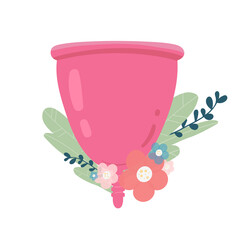 menstrual cup with flowers and leaves isolated on white background