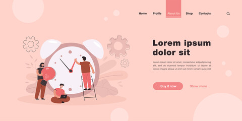 Tiny people working with alarm clock isolated flat vector illustration. Cartoon businesspeople working in team with chronometer. Time management, countdown and business concept