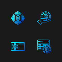 Set line Server bitcoin, Credit card with, CPU mining farm and Hand holding Bitcoin. Gradient color icons. Vector