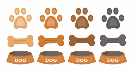 set dog paw, dog bone, dog bowl. brown colors.