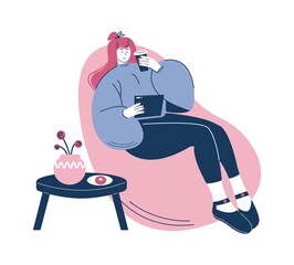 Happy woman enjoying coffee to go sitting in bean bag chair, vector illustration. Coffee break. Tea time.