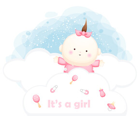 Obraz na płótnie Canvas Cute baby girl behind cloud cartoon character illustration Premium Vector