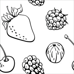 Seamless pattern with berries in black line sketchy style isolated on white background. Doodle hand drawn vector illustration