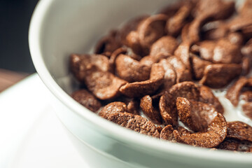 Closeup of Chocolate cereal with selective focus. Shallow depth field. Healthy food concept