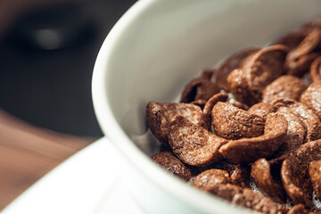 Closeup of Chocolate cereal with selective focus. Shallow depth field. Healthy food concept