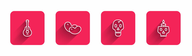 Set line Mexican guitar, Beans, Skull and Burning candle on skull with long shadow. Red square button. Vector
