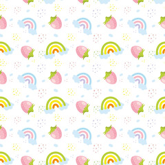 Strawberries, rainbow seamless pattern on white background vector image