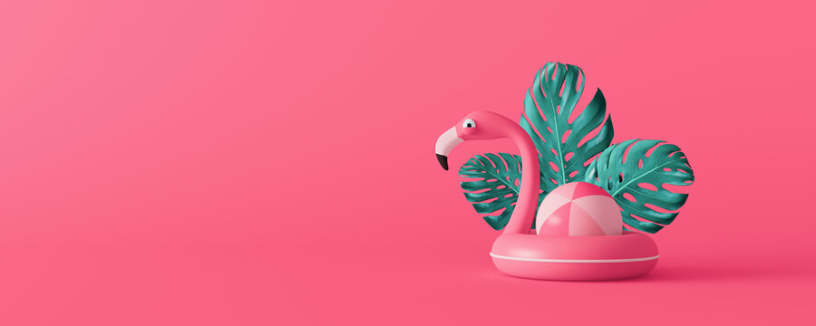 Pink flamingo with leaves on pink background. Summer travel minimal concept 3D Render 3D illustration