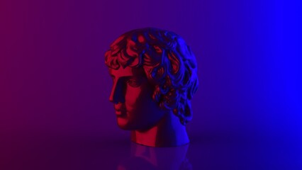 Neon purple and blue light cyber punk style in right side isometric view ancient head of Antinous man print and banner ready 3d rendering image