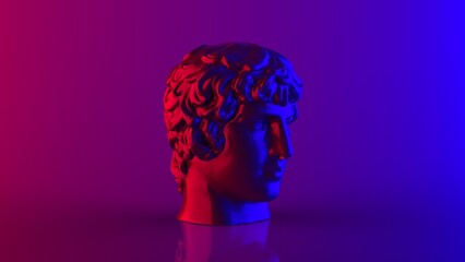 Neon purple and blue light cyber punk style in left side isometric view ancient head of Antinous man print and banner ready 3d rendering image