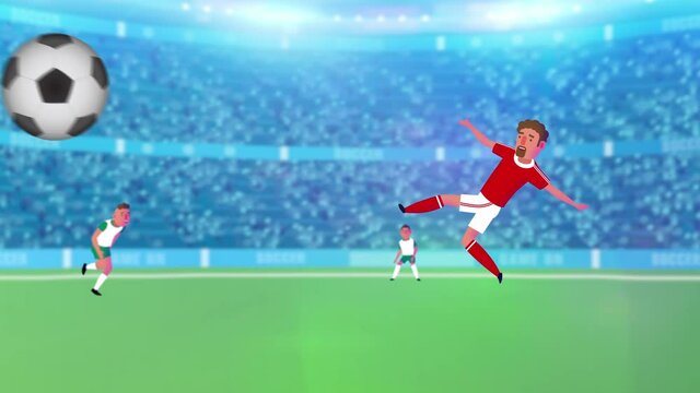 Super Soccer animated football intro, promo, starter video! Sports field with light, stadium full of cheering audience, player playing on field, caption text appearing at end.