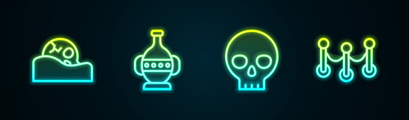 Set line Human skull, Ancient amphorae, and Rope barrier. Glowing neon icon. Vector