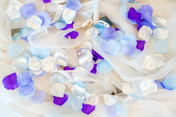 Blue fabric flowers , close up for background