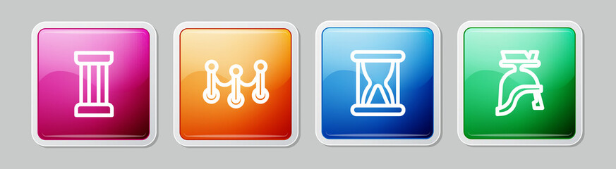 Set line Ancient column, Rope barrier, Old hourglass with sand and Roman army helmet. Colorful square button. Vector