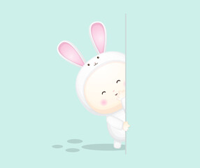 Cute baby in bunny costume behind a wall. cartoon illustration Premium Vector