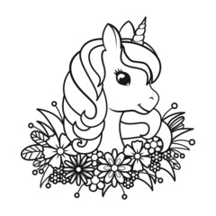Portrait of a cute unicorn in flowers. Page for coloring book. Vector linear illustration isolated on white background