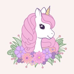 Obraz na płótnie Canvas Portrait of a cute unicorn in flowers. Vector linear illustration for t-shirt and stickers