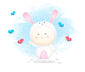 Obraz na płótnie Canvas Cute baby in bunny costume holding playing with butterfly. cartoon illustration Premium Vector
