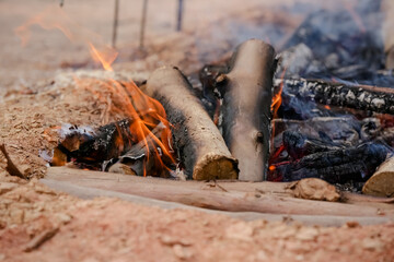 Fogo crepitando no chão, a brasa perfeita para assar carnes, espalhando um aroma irresistível pelo ar.