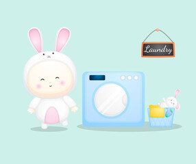 Cute baby in bunny costume on the washing machine. cartoon illustration Premium Vector