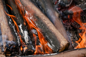 Fogo crepitando no chão, a brasa perfeita para assar carnes, espalhando um aroma irresistível pelo ar.