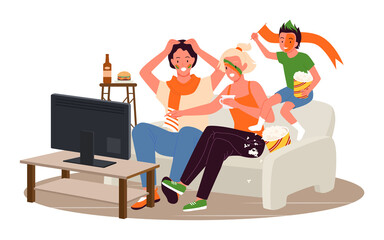 Family people fans watching soccer match tournament together vector illustration. Cartoon father mother and son child fans characters sitting on sofa to watch television during day isolated on white