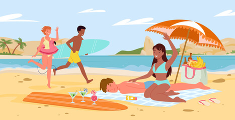 Obraz na płótnie Canvas Cartoon seaside panorama scenery with tourist friends or couple characters sunbathe, man surfer with surfboard walking. People on fun summer travel vacation in sea beach landscape vector illustration