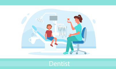 Fototapeta na wymiar Cartoon dentistry doctor examination with woman medical worker and boy child isolated on white. Kid visits dental pediatric clinic for checkup teeth and gum health infographic vector illustration