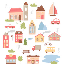 Cute town houses vector illustration set. Cartoon tiny home brick funny buildings of city or village, various geometric small houses collection with green trees, cars boats and fence isolated on white