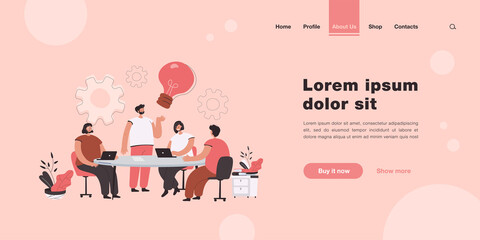 Company team brainstorming at meeting flat vector illustration. Cartoon people sitting around table, sharing ideas, improving skills, thinking together. Teamwork, creativity, business success concept