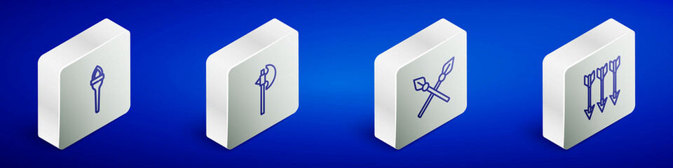 Set Isometric line Torch flame, Medieval axe, Crossed medieval spears and arrows icon. Vector