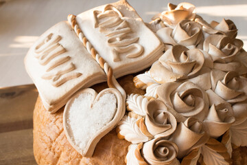 Wedding traditions. Traditional wedding bread with salt detail. 