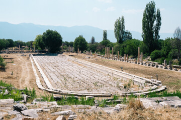 Fototapeta na wymiar Pool of the ancient city of Aphrodisias. Ancient pool structure thousands of years old. The ancient city of Aphrodisias in Aydın.