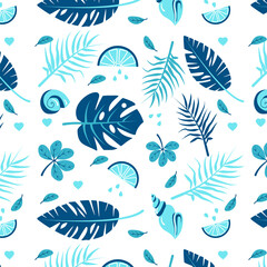 Fototapeta na wymiar Beautiful seamless pattern with tropical leaves, seashells and lemon slices in blue colors. Drawing in flat style.