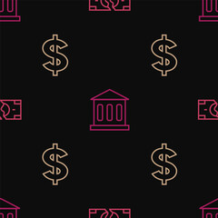 Set line Tearing money banknote, Dollar symbol and Bank building on seamless pattern. Vector