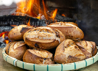 Basket of bread baked in a wood oven